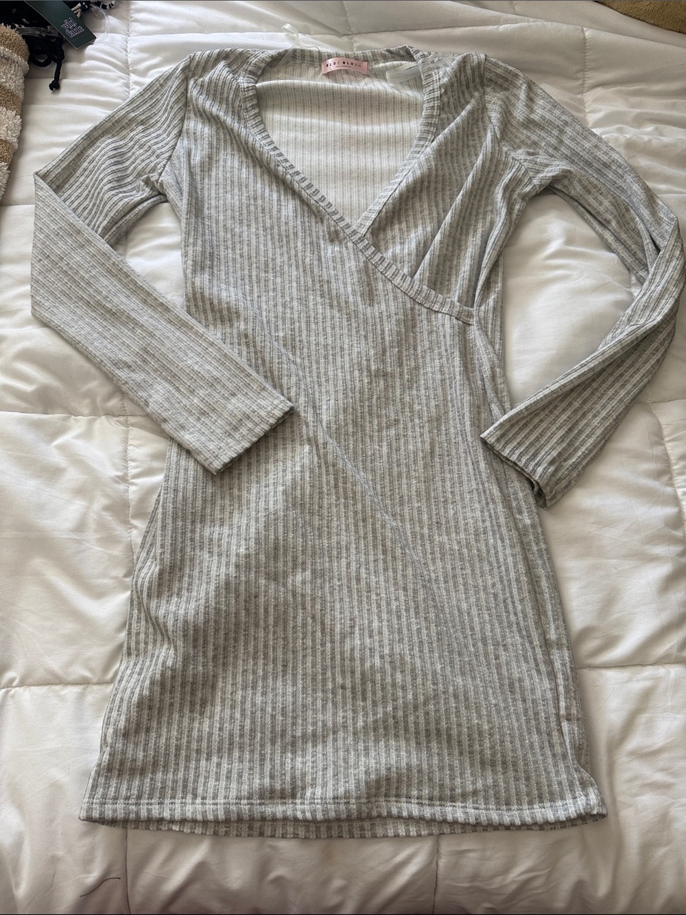 Ribbed Wrap-Style Long Sleeve Dress - Light Gray